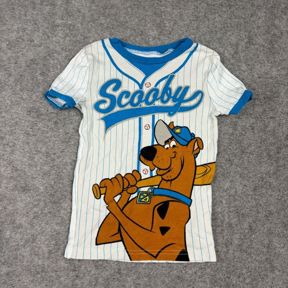 Scooby Doo Baseball Jersey Style Graphic T-Shirt Boys Size M 8 Blue Pinstripe